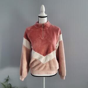 Divided Color Block Chevron Shaggy Pullover Sweatshirt M